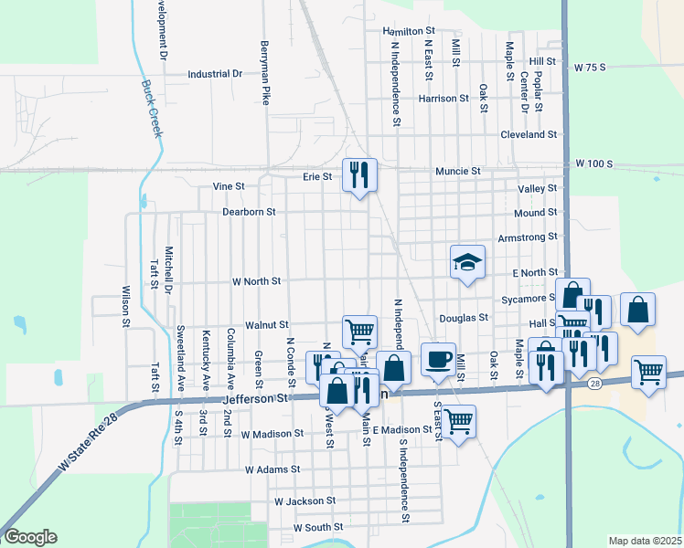 map of restaurants, bars, coffee shops, grocery stores, and more near 417 North West Street in Tipton