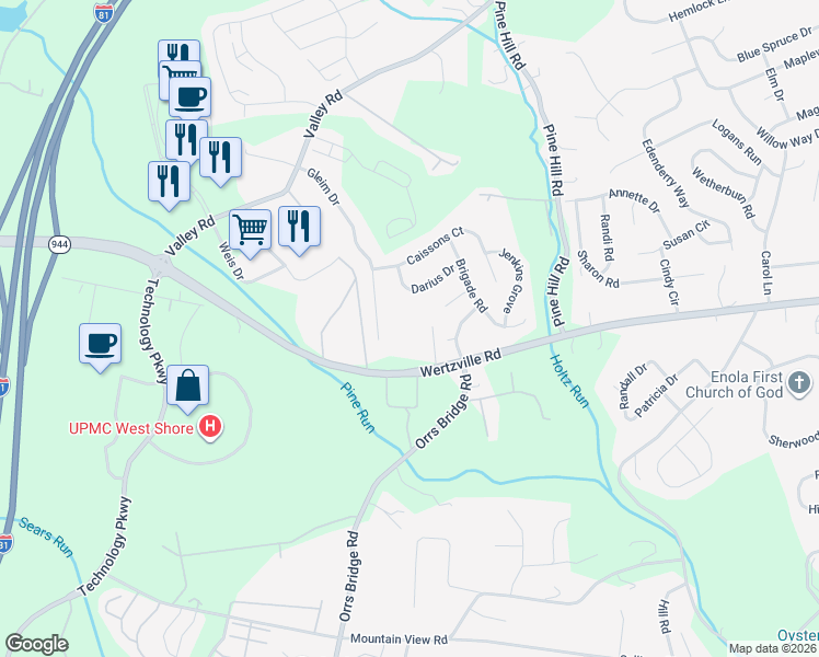 map of restaurants, bars, coffee shops, grocery stores, and more near 4120 Wertzville Road in Enola