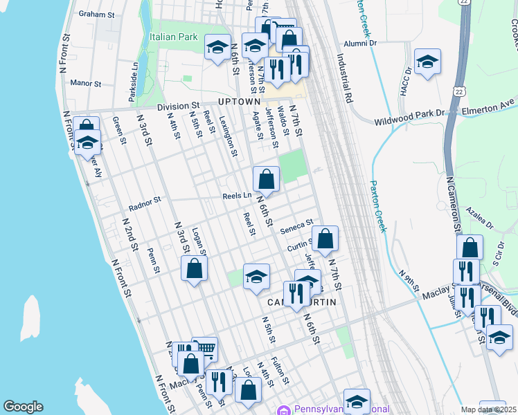 map of restaurants, bars, coffee shops, grocery stores, and more near 2464 North 6th Street in Harrisburg
