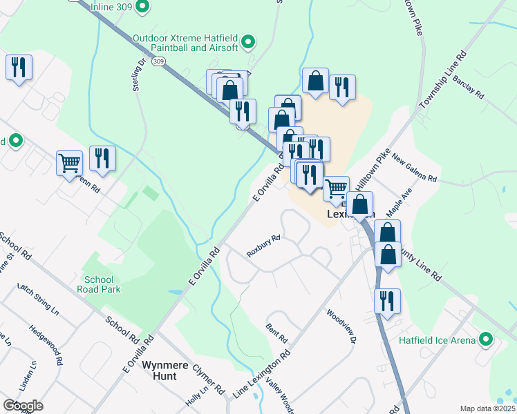 map of restaurants, bars, coffee shops, grocery stores, and more near 3329 East Orvilla Road in Hatfield