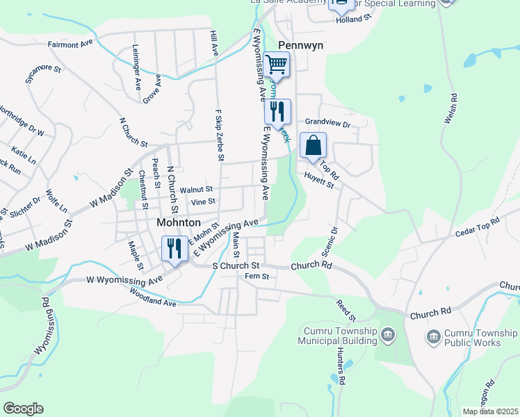 map of restaurants, bars, coffee shops, grocery stores, and more near 173 East Wyomissing Avenue in Mohnton