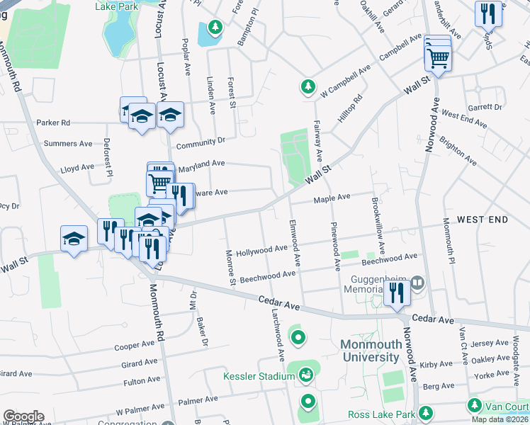 map of restaurants, bars, coffee shops, grocery stores, and more near 135 Wall Street in West Long Branch