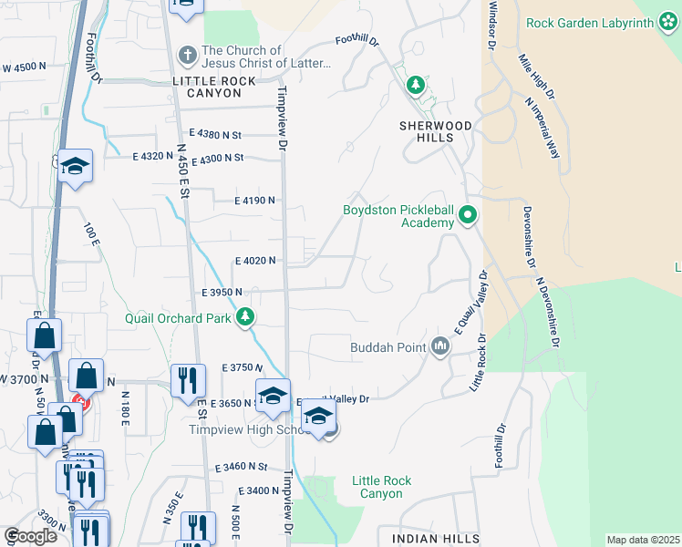 map of restaurants, bars, coffee shops, grocery stores, and more near 3985 North 850 East Street in Provo