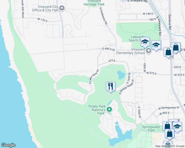 map of restaurants, bars, coffee shops, grocery stores, and more near 578 South Lake View Drive in Vineyard