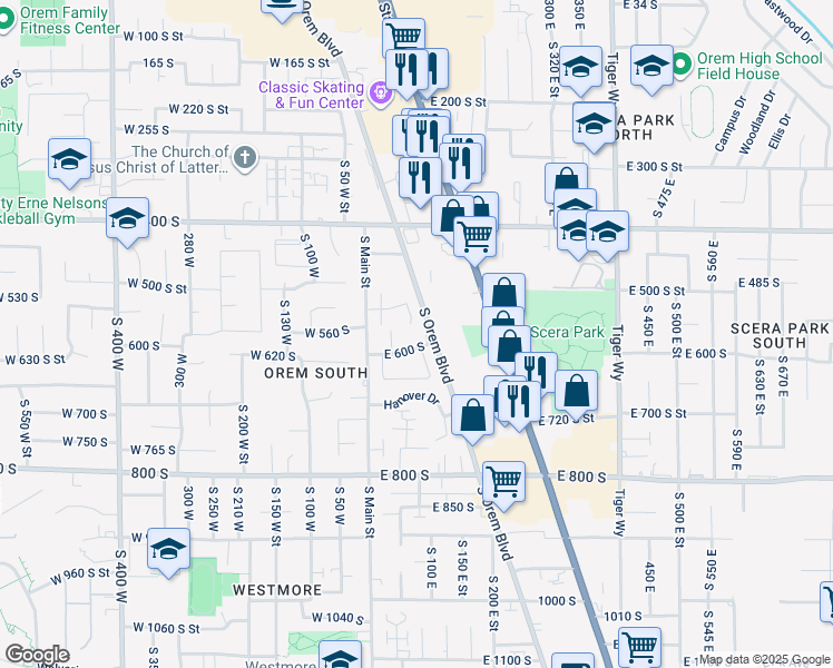 map of restaurants, bars, coffee shops, grocery stores, and more near 557 South 70 East Street in Orem