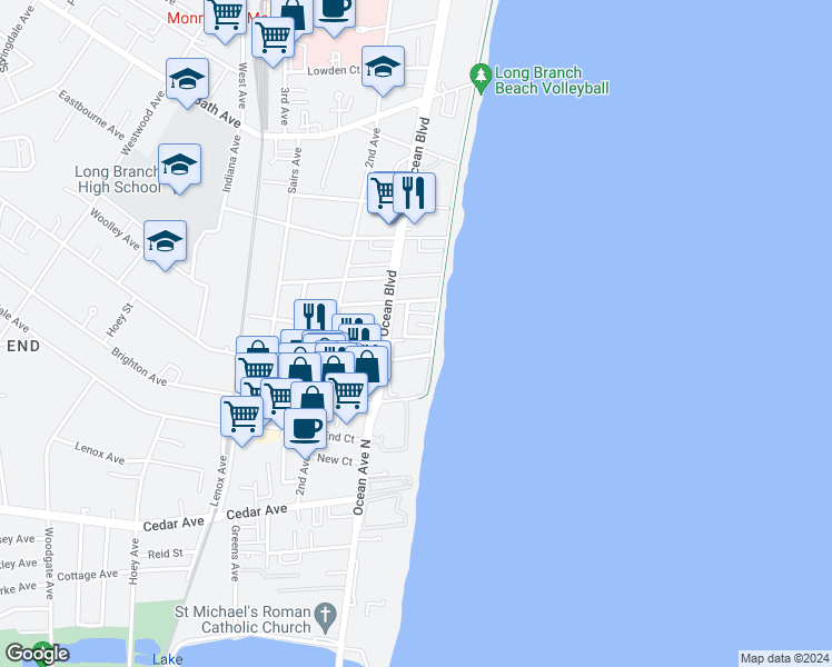 map of restaurants, bars, coffee shops, grocery stores, and more near 34 Bonforte Road in Long Branch