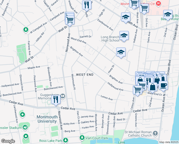 map of restaurants, bars, coffee shops, grocery stores, and more near 388 Brookdale Avenue in Long Branch