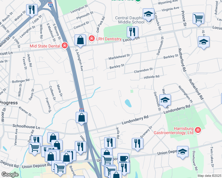 map of restaurants, bars, coffee shops, grocery stores, and more near 4303 Echo Glen Road in Harrisburg