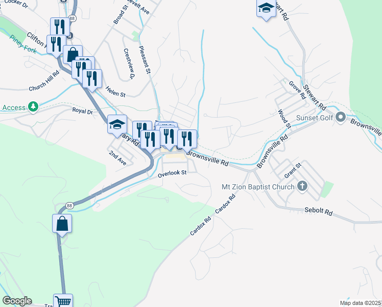 map of restaurants, bars, coffee shops, grocery stores, and more near 4099 Brownsville Rd in South Park Township