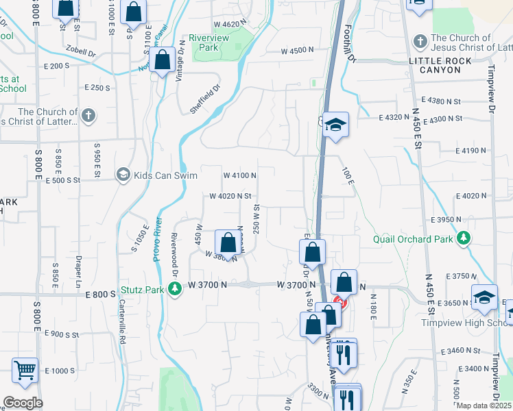 map of restaurants, bars, coffee shops, grocery stores, and more near 3991 250 West Street in Provo