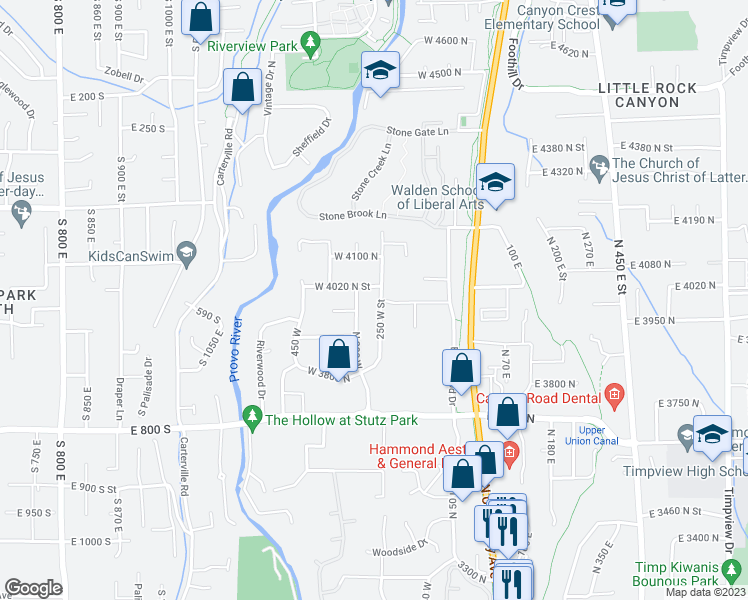 map of restaurants, bars, coffee shops, grocery stores, and more near 3977 North Cove Drive in Provo
