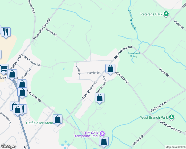 map of restaurants, bars, coffee shops, grocery stores, and more near 308 Hamlet Drive in Chalfont