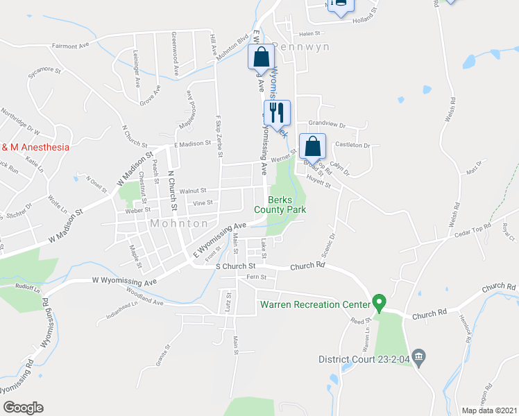 map of restaurants, bars, coffee shops, grocery stores, and more near 173 East Wyomissing Avenue in Mohnton