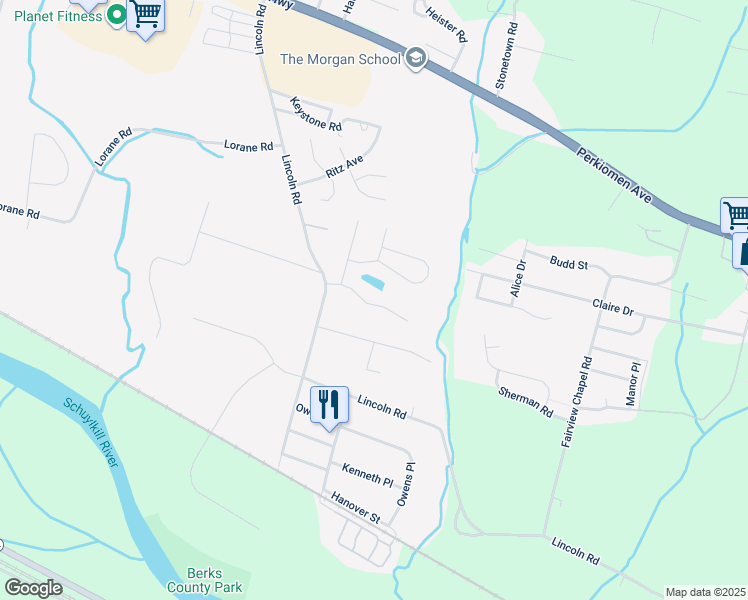 map of restaurants, bars, coffee shops, grocery stores, and more near 6051 Long Pond Drive in Birdsboro