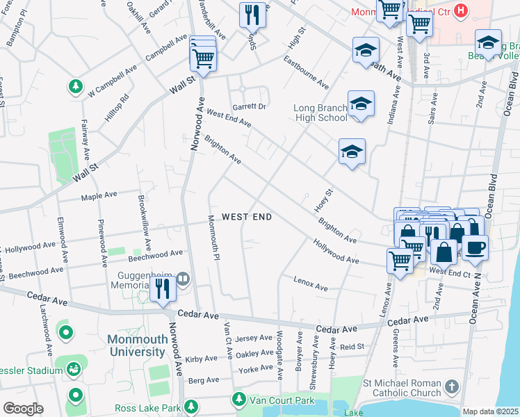map of restaurants, bars, coffee shops, grocery stores, and more near 388 Brookdale Avenue in Long Branch
