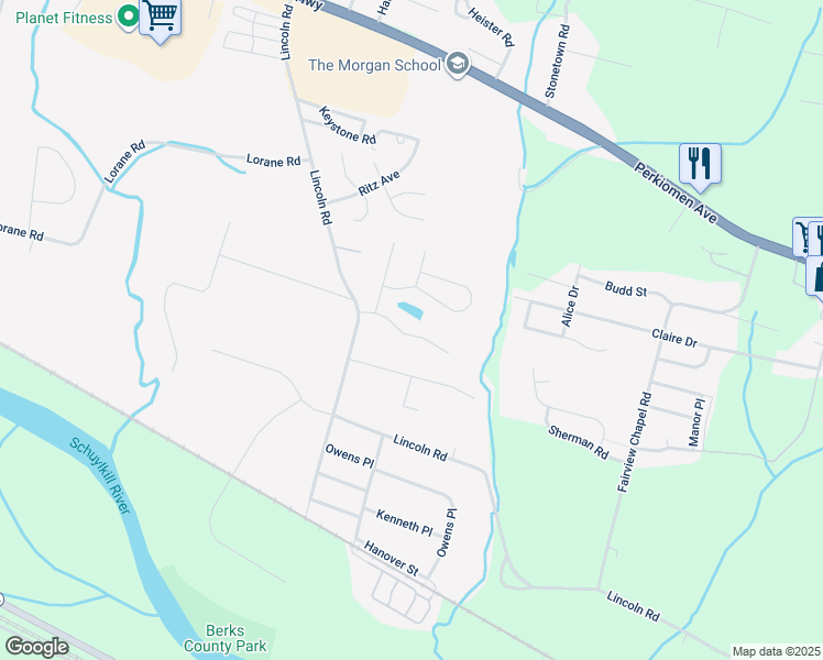 map of restaurants, bars, coffee shops, grocery stores, and more near 6051 Long Pond Drive in Birdsboro