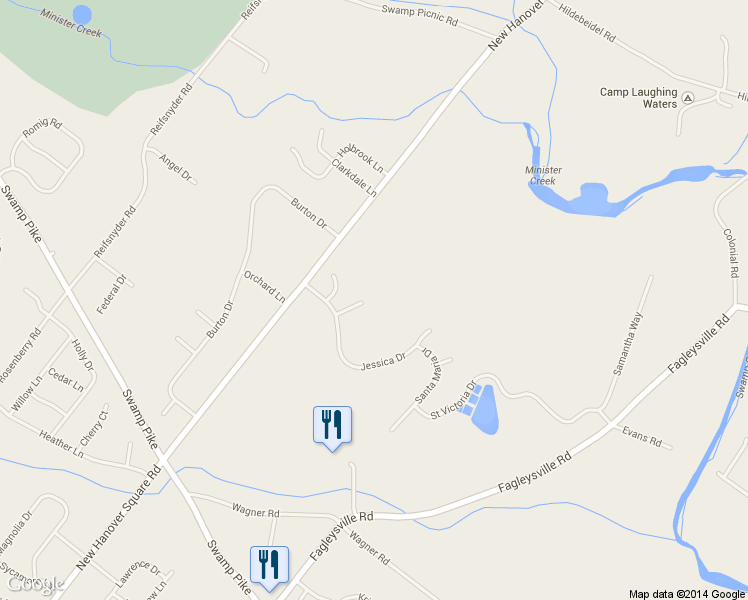 map of restaurants, bars, coffee shops, grocery stores, and more near 2970 Louisa Way in Gilbertsville