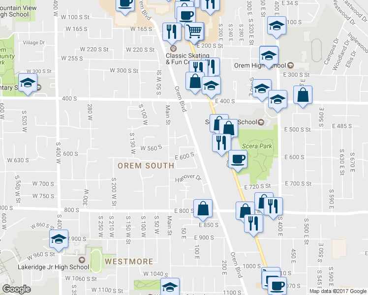 map of restaurants, bars, coffee shops, grocery stores, and more near 79 East 600 South in Orem