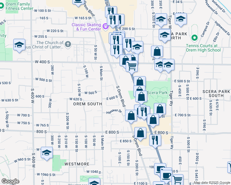 map of restaurants, bars, coffee shops, grocery stores, and more near 109 East 600 South in Orem