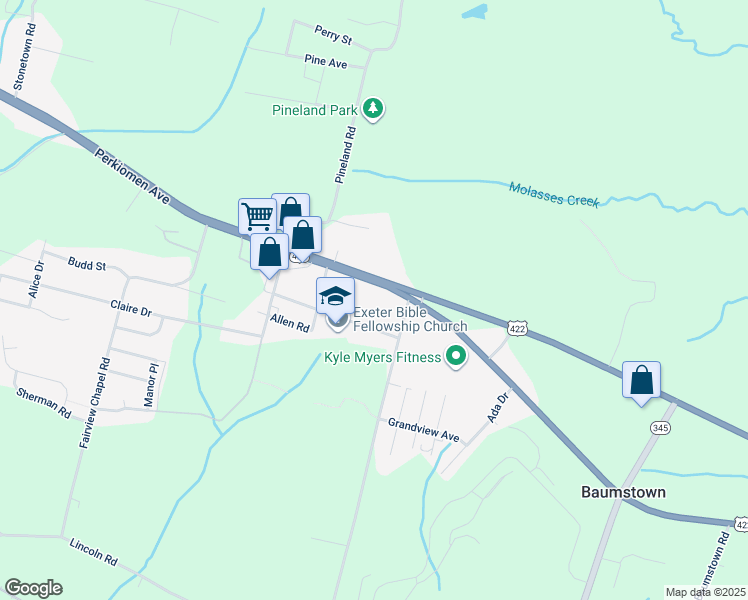 map of restaurants, bars, coffee shops, grocery stores, and more near 6714 Perkiomen Avenue in Birdsboro
