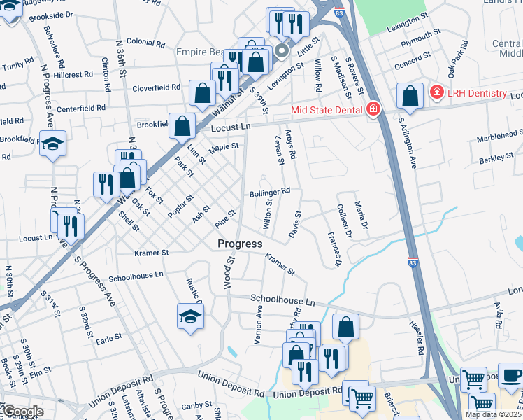 map of restaurants, bars, coffee shops, grocery stores, and more near 407 Wilton Street in Harrisburg
