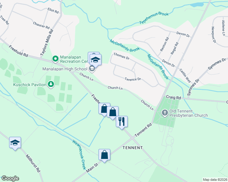 map of restaurants, bars, coffee shops, grocery stores, and more near 37 Church Lane in Manalapan Township