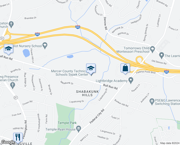 map of restaurants, bars, coffee shops, grocery stores, and more near 129 Bull Run Road in Pennington