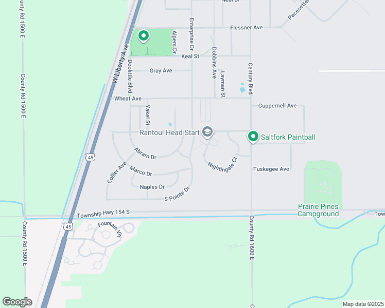 map of restaurants, bars, coffee shops, grocery stores, and more near 1321 Abram Drive in Rantoul
