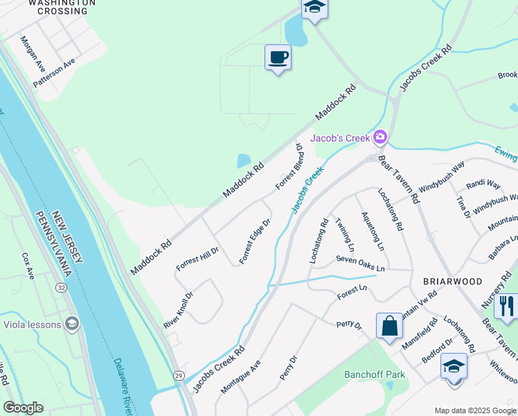 map of restaurants, bars, coffee shops, grocery stores, and more near 12 Forrest Blend Drive in Hopewell Township
