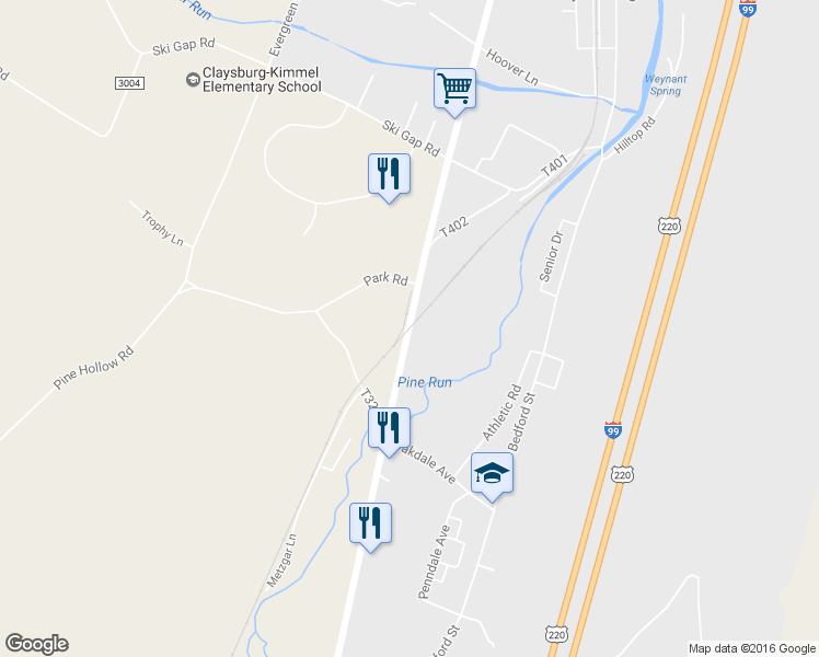 map of restaurants, bars, coffee shops, grocery stores, and more near Dunnings Hwy in Claysburg