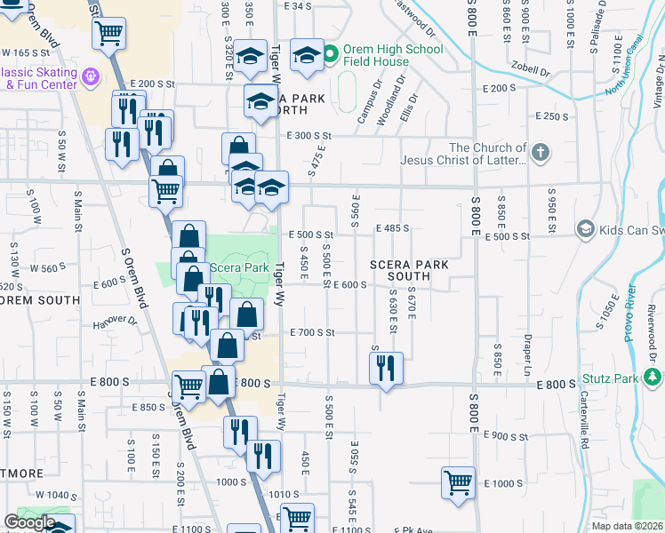 map of restaurants, bars, coffee shops, grocery stores, and more near 533 East 550 South in Orem