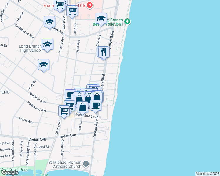 map of restaurants, bars, coffee shops, grocery stores, and more near 34 Bonforte Road in Long Branch