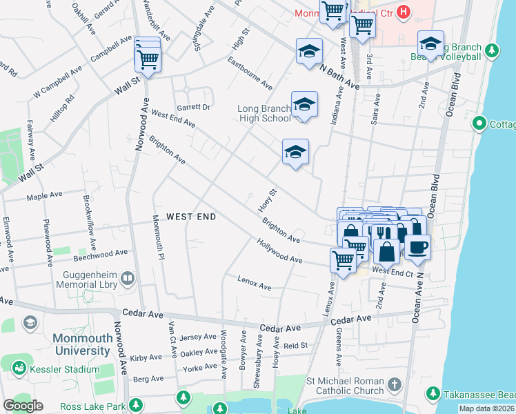 map of restaurants, bars, coffee shops, grocery stores, and more near 1 Kelly Lane in Long Branch
