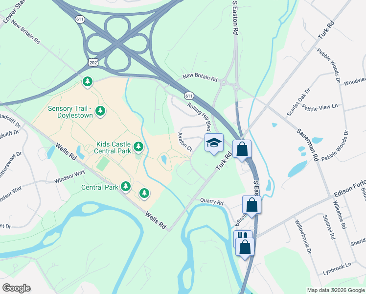 map of restaurants, bars, coffee shops, grocery stores, and more near 33 Addison Court in Doylestown