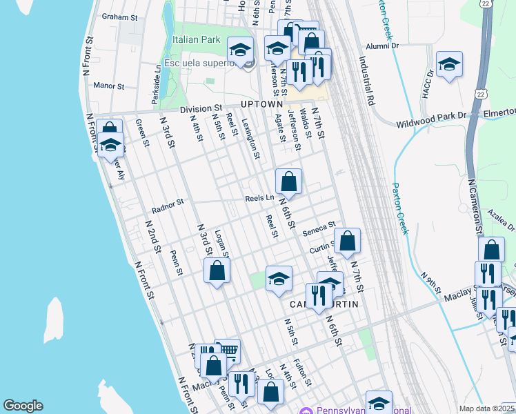 map of restaurants, bars, coffee shops, grocery stores, and more near 2515 North 5th Street in Harrisburg