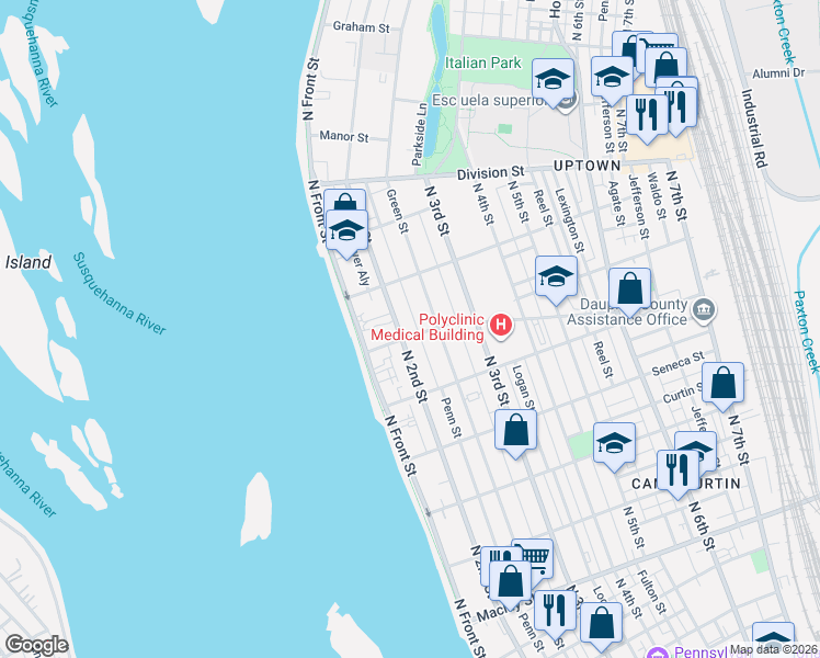 map of restaurants, bars, coffee shops, grocery stores, and more near 2613 Penn Street in Harrisburg