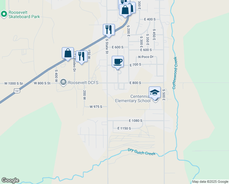 map of restaurants, bars, coffee shops, grocery stores, and more near 90 East 800 South in Roosevelt