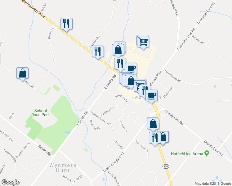 map of restaurants, bars, coffee shops, grocery stores, and more near 1413 Needham Circle in Hatfield