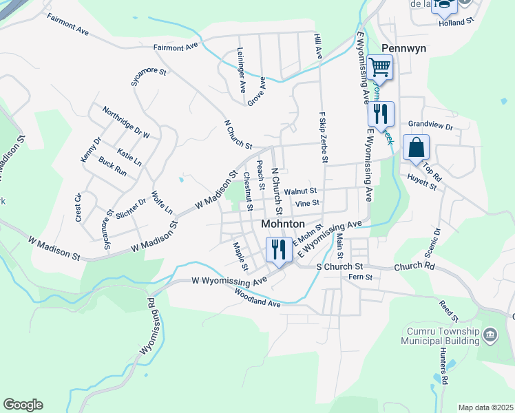 map of restaurants, bars, coffee shops, grocery stores, and more near 115 Chestnut Street in Mohnton