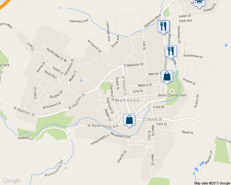 map of restaurants, bars, coffee shops, grocery stores, and more near 115 Chestnut Street in Mohnton