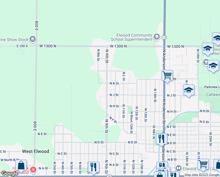 map of restaurants, bars, coffee shops, grocery stores, and more near 1007 North 9th Street in Elwood