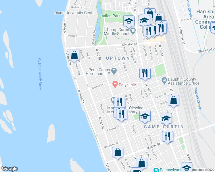 map of restaurants, bars, coffee shops, grocery stores, and more near 2534 North 3rd Street in Harrisburg