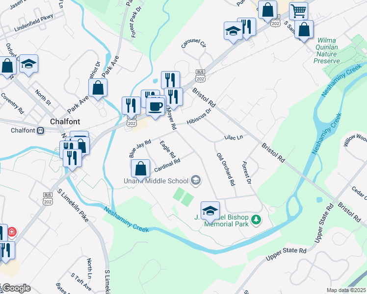 map of restaurants, bars, coffee shops, grocery stores, and more near 60 Moyer Road in Chalfont