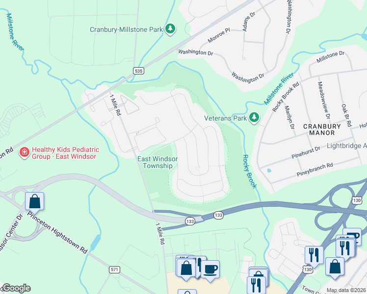 map of restaurants, bars, coffee shops, grocery stores, and more near 5 Aristotle Way in East Windsor