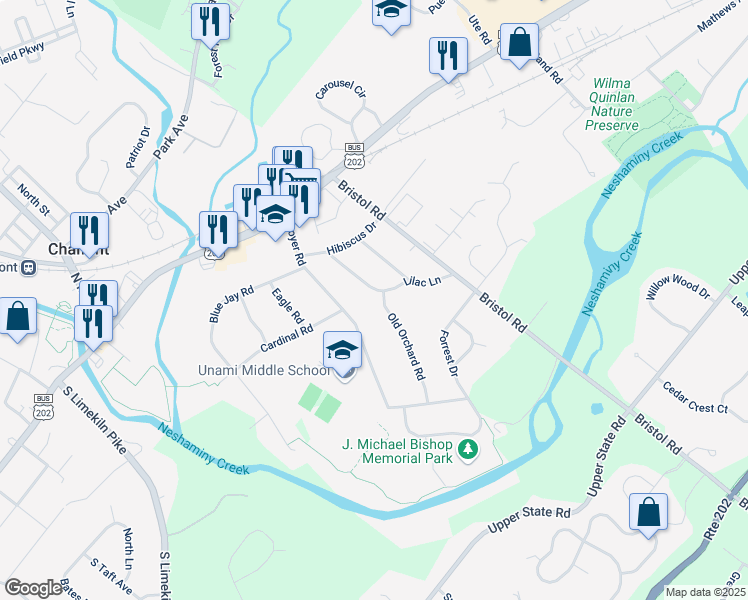 map of restaurants, bars, coffee shops, grocery stores, and more near 140 Old Orchard Road in Chalfont