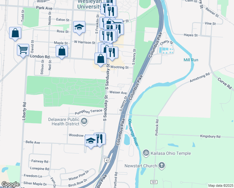 map of restaurants, bars, coffee shops, grocery stores, and more near 42 Weiser Avenue in Delaware