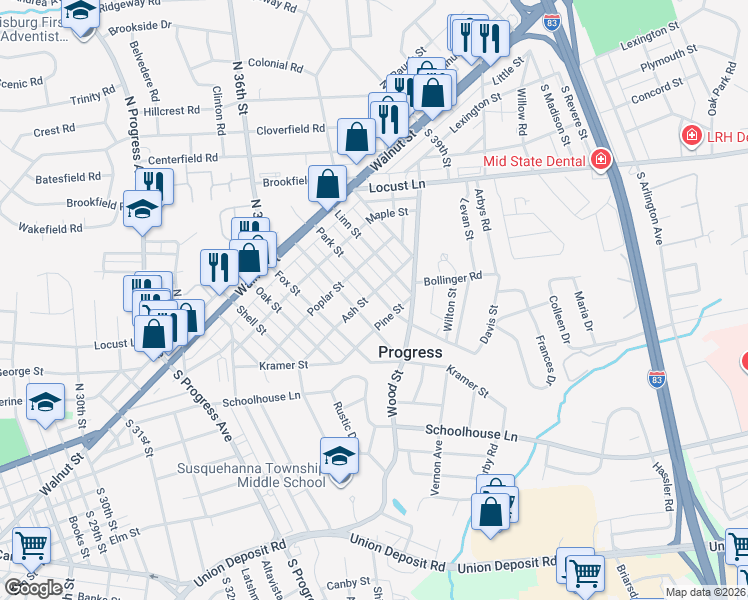 map of restaurants, bars, coffee shops, grocery stores, and more near 301 Park Street in Harrisburg