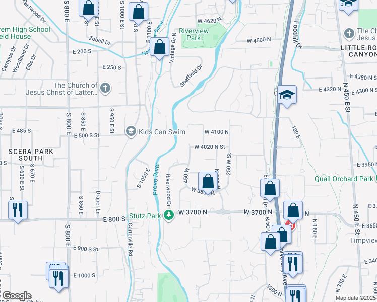 map of restaurants, bars, coffee shops, grocery stores, and more near 4011 West 450 North in Provo