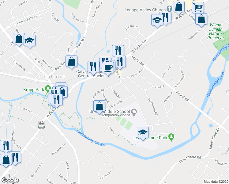 map of restaurants, bars, coffee shops, grocery stores, and more near 1 Eagle Road in Chalfont