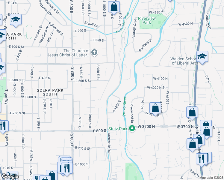 map of restaurants, bars, coffee shops, grocery stores, and more near 544 Carterville Road in Orem